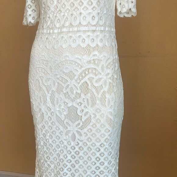Maia Dress Womens 4 Off White Lace Sheer Lined Pencil Midi Cottagecore Feminine - Picture 3 of 14